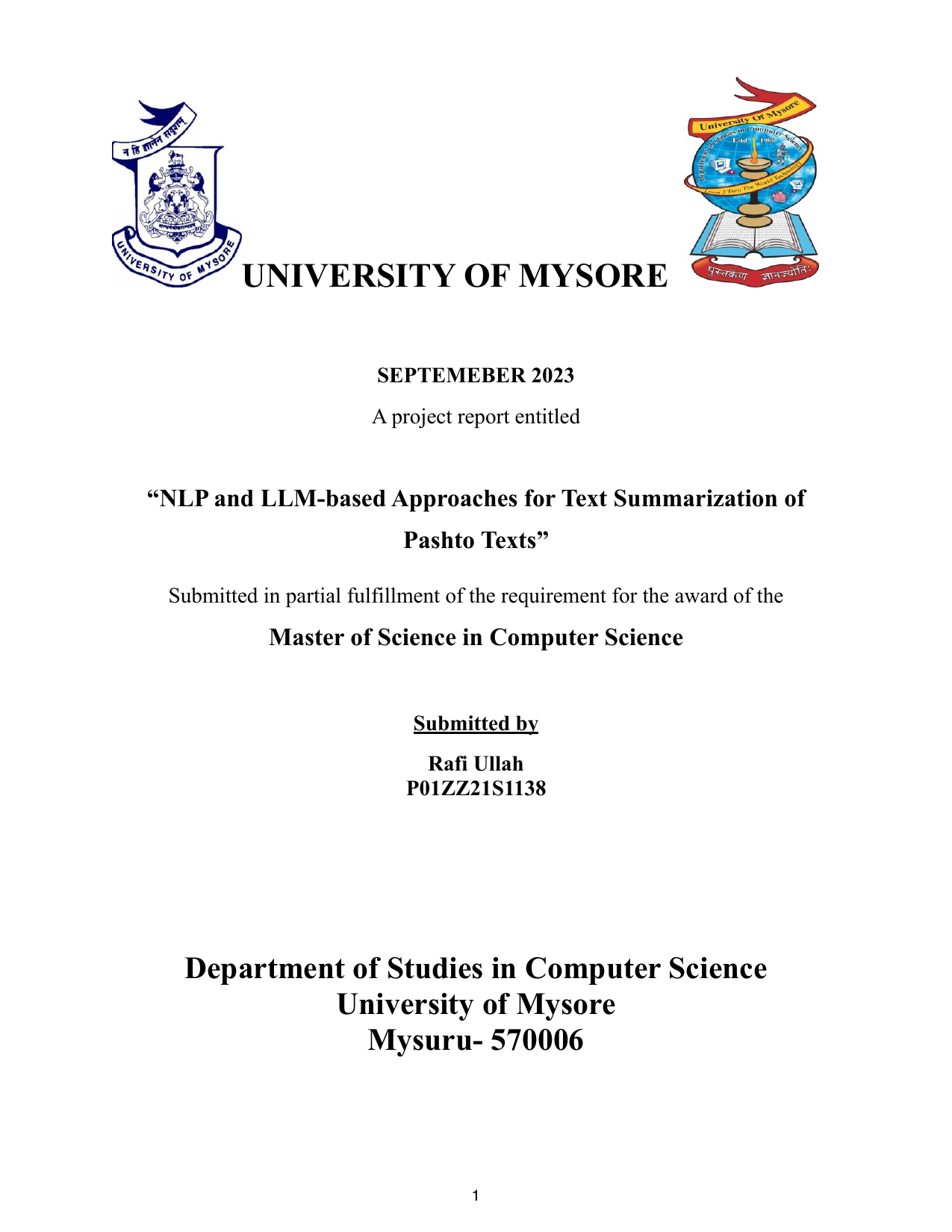 Title page — University of Mysore, NLP and LLM-based Approaches for Text Summarization of Pashto Texts, submitted by Rafi Ullah, September 2023