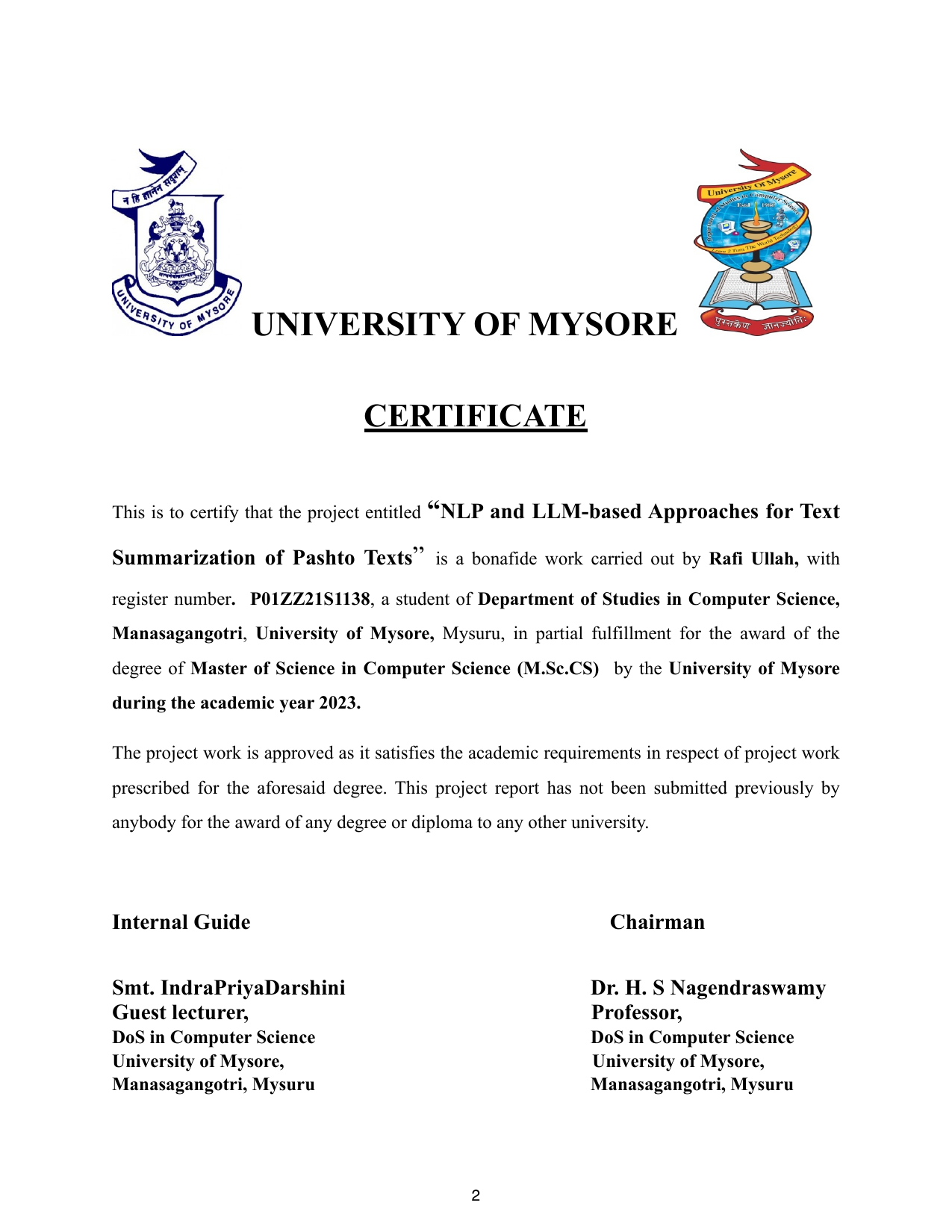 Certificate page — signed by Internal Guide Smt. Indra Priya Darshini and Chairman Dr. H. S. Nagendraswamy