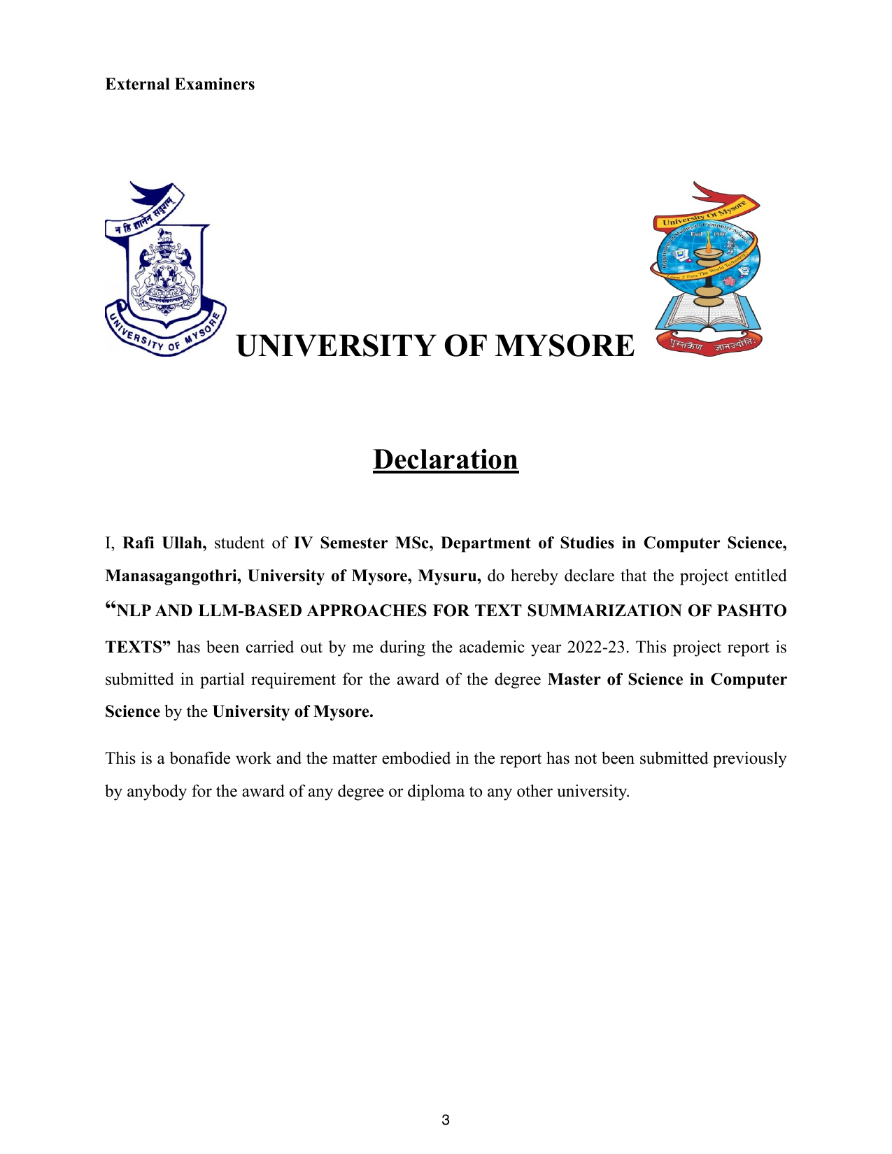 Declaration — original work statement by Rafi Ullah, IV Semester M.Sc.